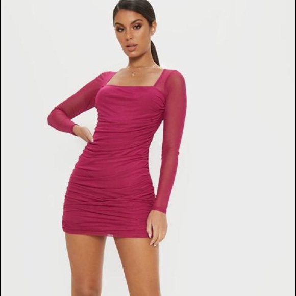 Hot Pink Mesh Square Neck Ruched Body-con Dress - Picture 2 of 6